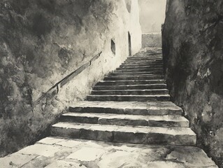 Obraz premium A vintage stairway leading up through textured walls, evoking a sense of history and exploration in monochrome tones.