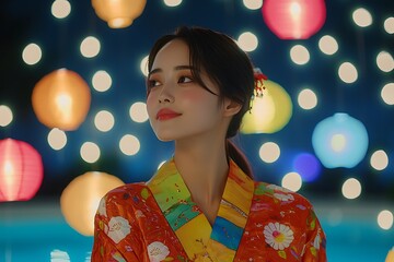 Fototapeta premium Young Woman in a Colorful Yukata at Night, Illuminated by Festive Lights. A captivating portrait showcasing traditional Japanese attire against a backdrop of vibrant, blurred lights.