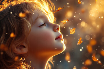 A little girl with her eyes closed looking up at falling leaves