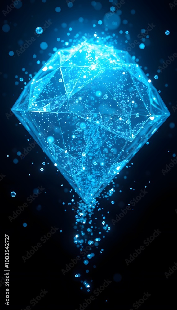 Poster A Vigorous Diamond Dissolving and Disappearing into Particles with Glowing Effects for Use in Abstract Art and Visual Impact Projects