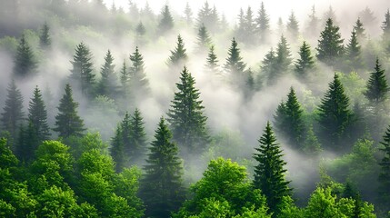 Fototapeta premium Misty Forest Landscape with Evergreen Trees and Lush Greenery Bathed in Soft Morning Light, Capturing Nature's Tranquility and Beauty in an Enchanted Setting
