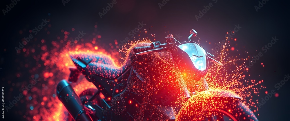 Poster A visually captivating image of a vigorous motorcycle dissolving into particles with glowing effects, ideal for showcasing advanced technology or artistic concepts.