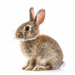Obraz premium Small brown and gray rabbit sitting and looking to the side on a seamless white background
