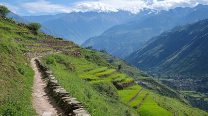 Fototapeta premium Stone Pathway Winding Through Lush Terraced Hillsides