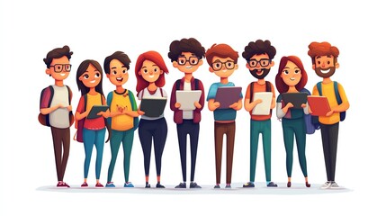 Obraz premium a 2D cartoon illustration of a group of students working together on a project, collaborative and creative, white background--ar 16:9