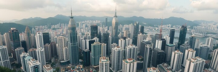 Aerial view of Hong Kong skyline with modern skyscrapers and traditional buildings, architecture, panorama