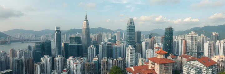 Obraz premium Aerial view of Hong Kong skyline with modern skyscrapers and traditional buildings, architectures