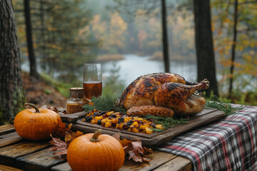 An outdoor autumn picnic scene featuring a baked turkey on a rustic wooden table, surrounded by leaves, pumpkins, and a plaid blanket, with a scenic forest backdrop