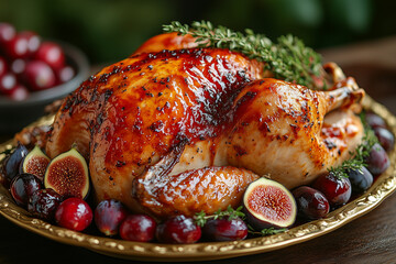 A festive table decorated with gold accents, featuring a baked turkey on a pedestal platter, garnished with fresh figs, thyme, and a rich cranberry glaze dripping off the sides