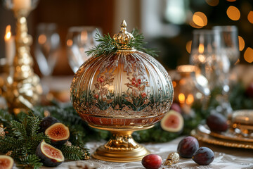 A festive table decorated with gold accents, featuring a baked turkey on a pedestal platter, garnished with fresh figs, thyme, and a rich cranberry glaze dripping off the sides