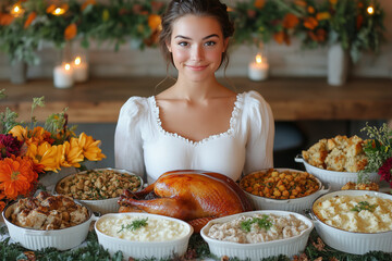 A dramatic overhead view of a Thanksgiving feast, with a baked turkey as the centerpiece surrounded by colorful side dishes, autumn flowers, and glowing candles