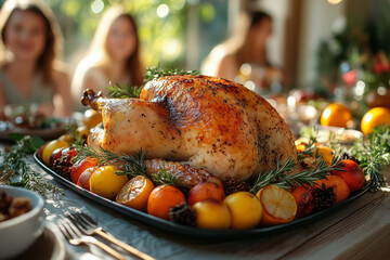 A baked turkey presented in a farmhouse setting, with vintage dishes, linen napkins, and hand-tied herb bundles decorating the table. Natural sunlight streams through a window