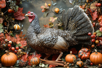 A golden-brown turkey surrounded by fall decorations like miniature pumpkins, colorful leaves, and cinnamon sticks, with a cozy, festive background