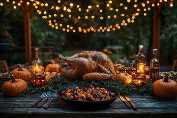 A charming outdoor Thanksgiving table set under string lights, featuring a perfectly roasted turkey surrounded by pumpkins, apples, and fresh sprigs of sage