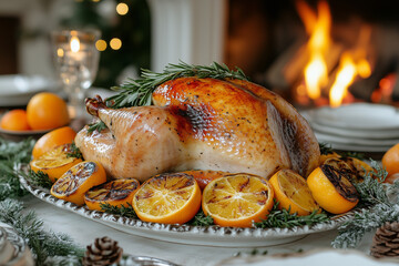 A festive holiday table set in front of a roaring fireplace, featuring a golden turkey garnished with citrus slices and fresh herbs, surrounded by holiday decorations