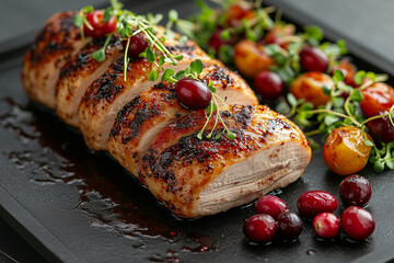 A minimalist approach to turkey presentation, placed on a sleek black tray with microgreens and a vibrant cranberry reduction artfully drizzled on the side
