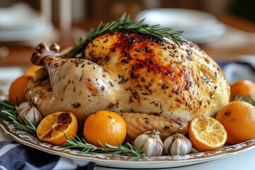 A grand dining room scene with a large turkey resting on an ornate platter, garnished with roasted garlic heads, citrus wedges, and whole sprigs of rosemary