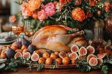 A cozy autumn dinner setting with a turkey on a copper tray, surrounded by figs, roasted sweet potatoes, and seasonal flowers in warm hues of orange and red