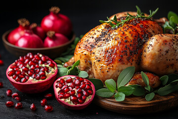 A moody, cinematic presentation of a turkey on a dark wood table, with soft lighting highlighting the texture of the crispy skin and a side of vibrant pomegranate arils