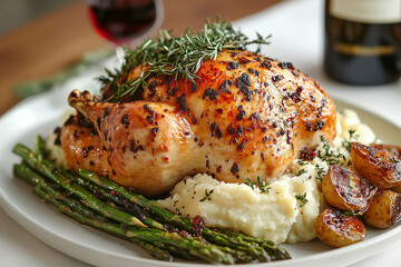 A luxurious holiday presentation with a turkey as the centerpiece, surrounded by truffle-infused mashed potatoes, roasted asparagus, and a bottle of red wine in the background