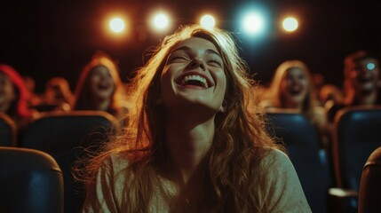 Fototapeta premium A woman laughs in a darkened movie theater