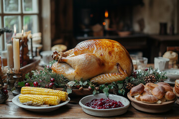 A rustic barn-style dinner scene with a golden-brown turkey as the centerpiece, surrounded by corn on the cob, cranberry sauce, and artisan bread on a wooden table