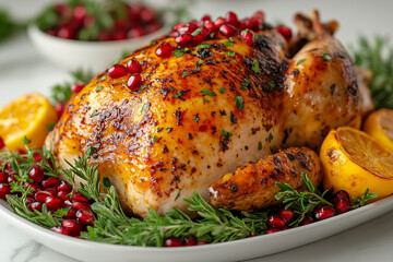 A vibrant food photography shot of a turkey on a white marble platter, accompanied by pomegranate seeds, fresh herbs, and a drizzle of glossy, golden glaze