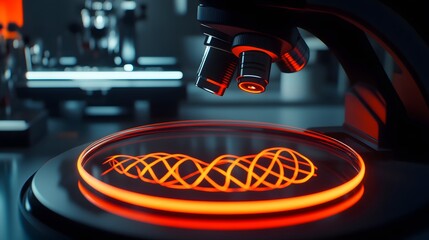 Microscope displaying intricate genetic modification process, symbolizing advanced scientific research and potential for biotechnology breakthroughs.