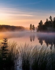 Obraz premium Misty Morning on a Tranquil Lake With Rolling Fog Hovering Over the Water and a Distant Forest Just Visible Through the Hazy Light of Dawn