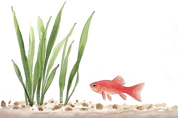 Obraz premium Watercolor Illustration of a Red Fish and Green Water Plants.