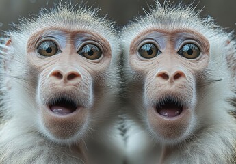 Two surprised baby monkeys looking at the camera.