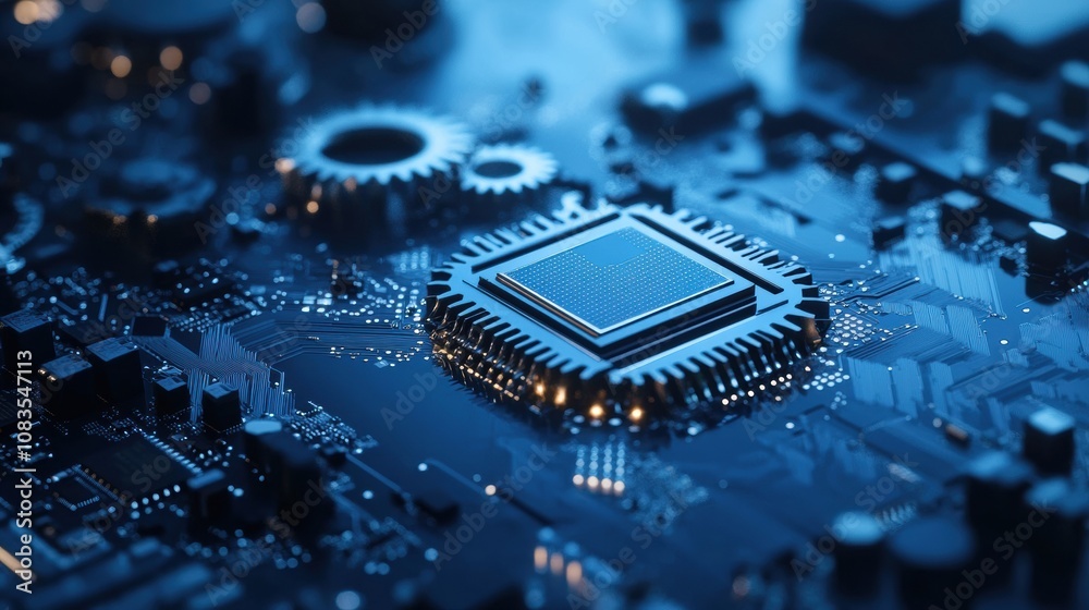 Leinwandbilder the close-up view reveals gears and a microprocessor on a circuit board illuminated by blue light, h