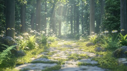 Obraz premium Sunlit Stone Path Through a Lush Forest