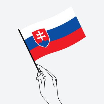 recommend clip art: Hand holding Slovakia flag in line art drawing style. Slovakia hand Flag waving. Vector illustration