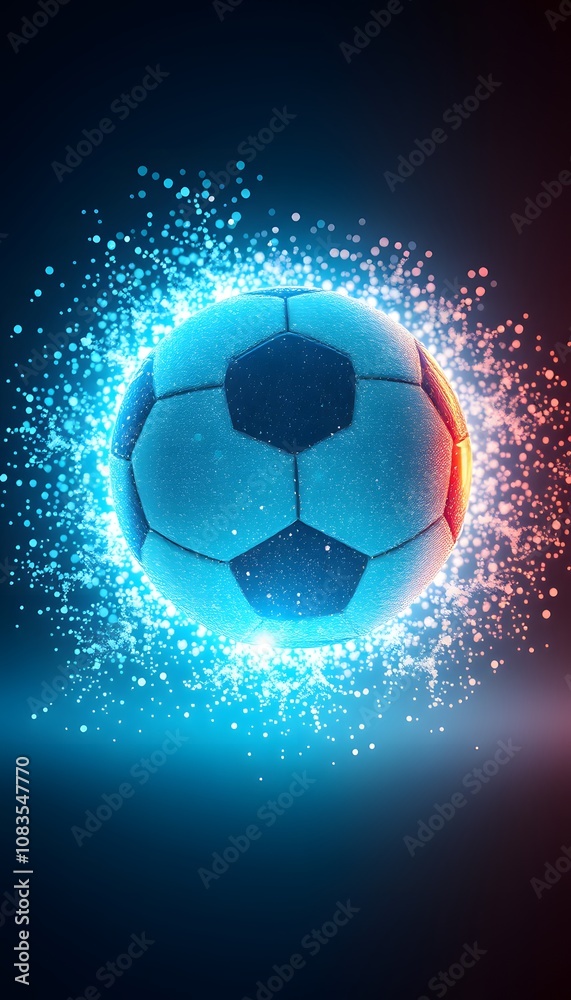 Poster a vibrant football dissolving into particles with glowing effects showcasing dynamic motion and ener