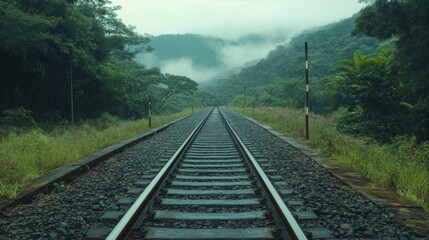 Obraz premium Train Tracks Disappearing into a Misty Forest