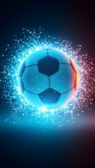 Naklejka premium A Vibrant Football Dissolving into Particles with Glowing Effects Showcasing Dynamic Motion and Energy in Sports Imagery