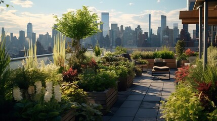 Fototapeta premium A photo of a rooftop garden with city skyline views