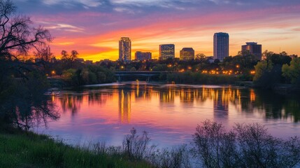 Obraz premium City Skyline Reflected in a River at Sunset