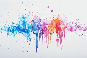 Fototapeta premium Abstract watercolor splashes with blue, purple, pink, and orange gradients on white background. Creative dripping design for art and print. Generative AI