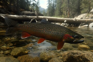 Obraz premium Rainbow Trout Swimming in a Rocky Stream.