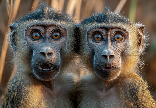 Here's a possible  and keyword list for your image.. Two surprised samango monkeys face-to-face.