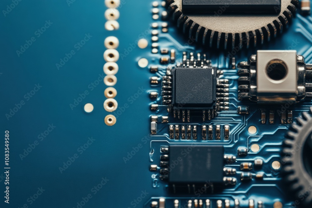 Poster the close-up highlights a microprocessor and gears on a circuit board, emphasizing the complexity of