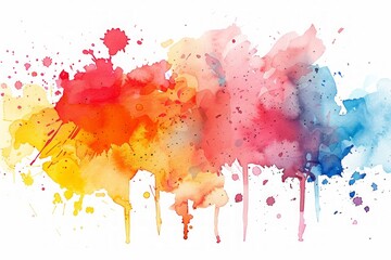 Fototapeta premium Abstract watercolor splash in pink, purple, orange, and yellow tones with scattered splatters on a white background. Generative AI