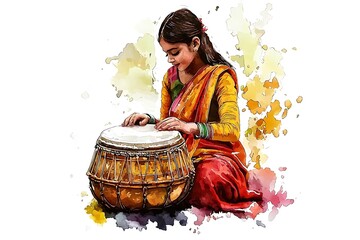 Watercolor Illustration of a Young Woman Playing a Tabla.