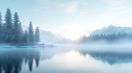 Fototapeta premium Tranquil Winter Landscape with Snow-Covered Mountains and a Foggy Lake