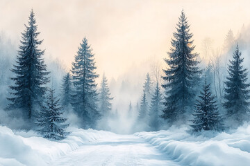 Fototapeta premium A serene snow-covered forest captured in a watercolor style, ideal for winter-themed designs, holiday cards, and peaceful winter landscapes.
