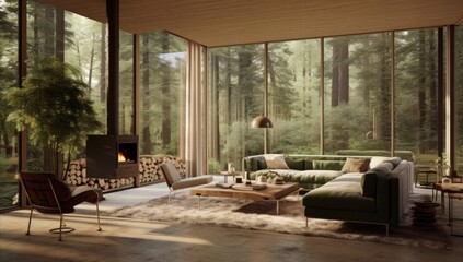 Fototapeta premium Harmonious Retreat: A Living Room Blending with the Green Forest