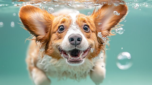 A hilarious underwater photo of a dog with a huge grin on its face, its ears floating around as it swims towards the camera, bubbles trailing behind it.