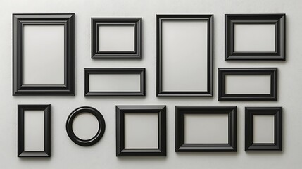 Diverse Arrangement of Classic Black Picture Frames on a Neutral Background Ideal for Artistic Decoration and Home Interior Design Projects